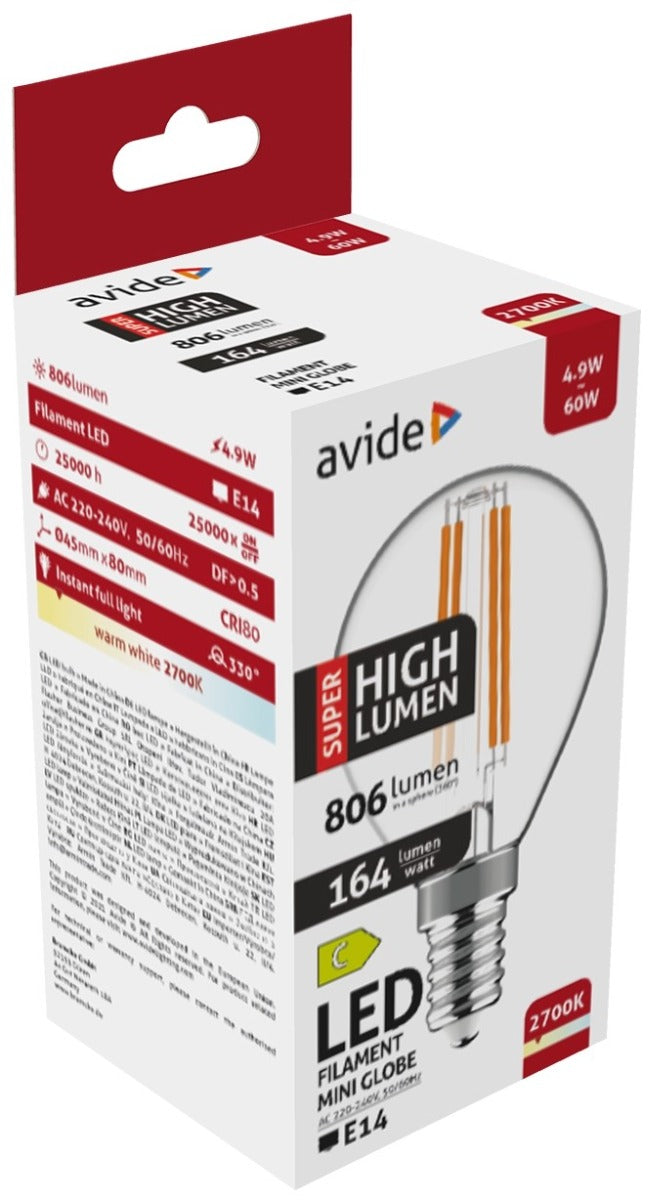 Avide LED Filament Bulb Spherical 4.9W E14 Warm 2700K Super High Lumen