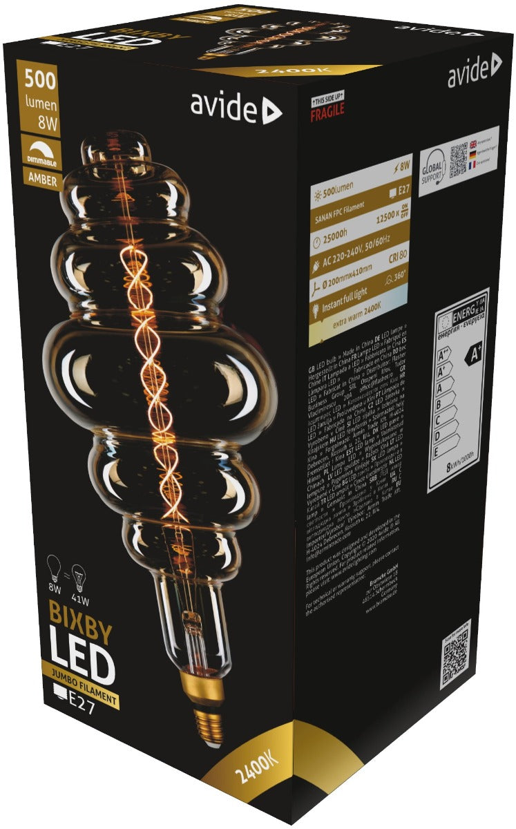 Avide Λάμπα LED Jumbo Bixby Κεχριμπάρι 8W E27 2400K Ντιμαριζόμενο 200x410mm