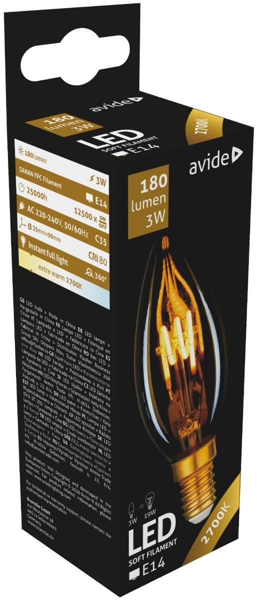 Avide Λάμπα LED Soft Filament Κερί 3W E14 360° Θερμό 2700K