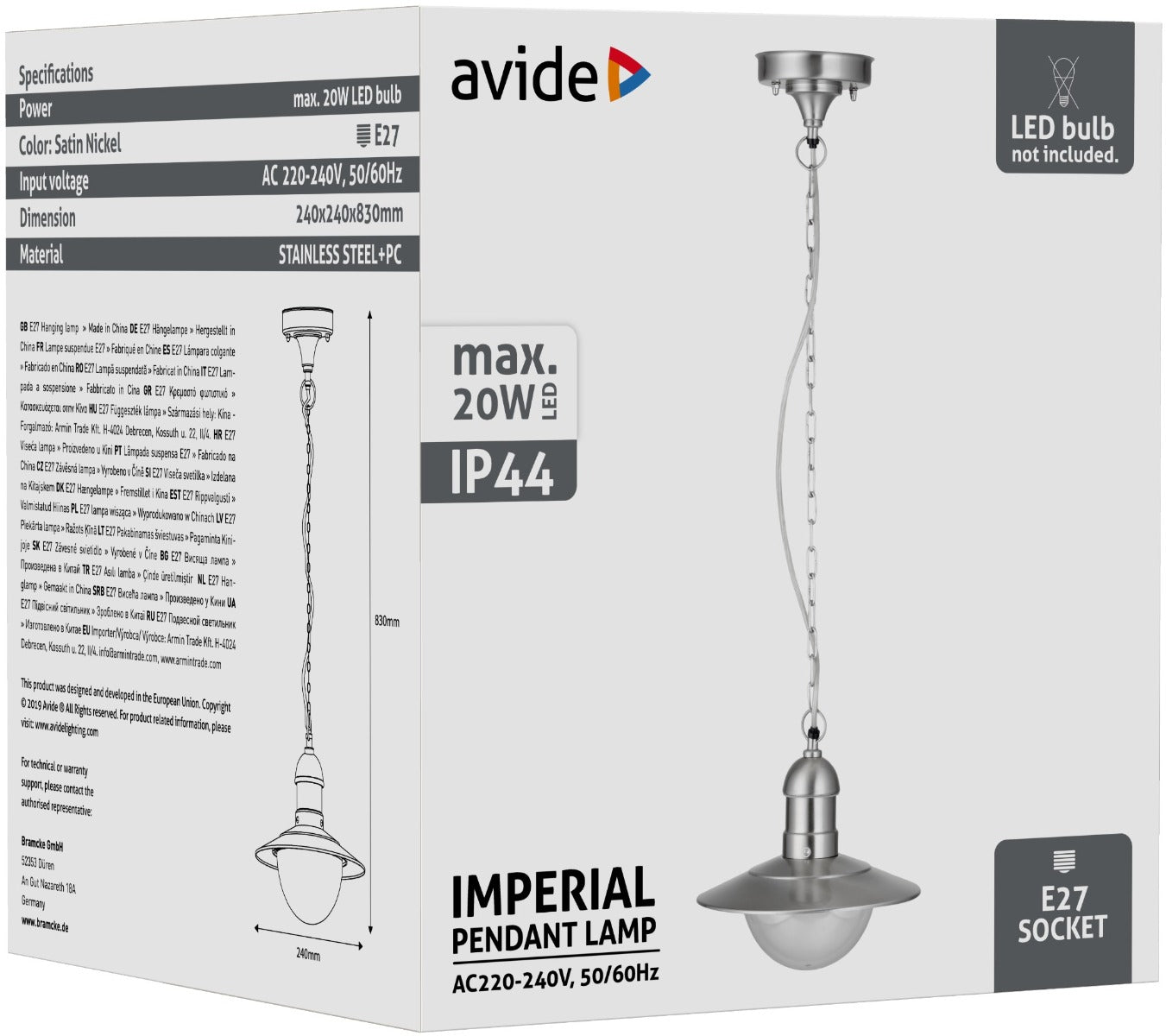 Avide Outdoor Ceiling Light Imperial 1xE27 IP44 Stainless Steel