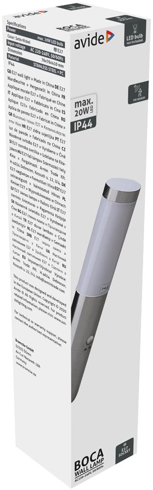 Avide Outdoor Wall Light Boca 1xE27 PIR IP44 Satin Nickel