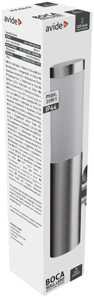 Avide Outdoor Wall Light Boca 1xE27 IP44 Satin Nickel