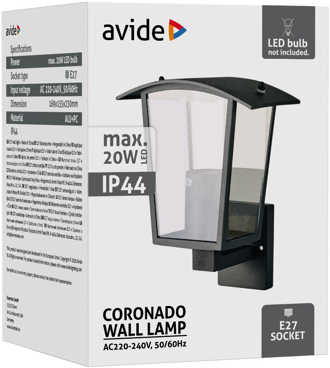 Avide Επιτοίχιο Φωτιστικό Εξωτερικού Χώρου Coronado 1xE27 IP44 Μαύρο