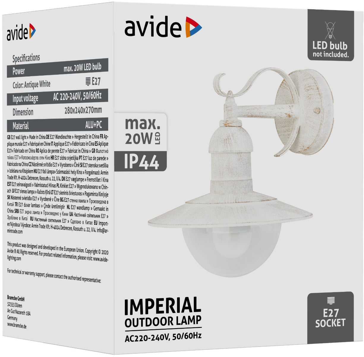 Avide Επιτοίχιο Φωτιστικό Εξωτερικού Χώρου Imperial 1xE27 IP44 Αντίκα Άσπρο