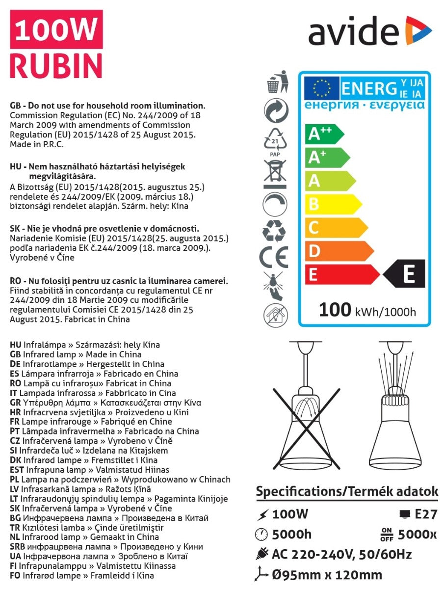 Avide Infrared Lamp R95 E27 100W Red