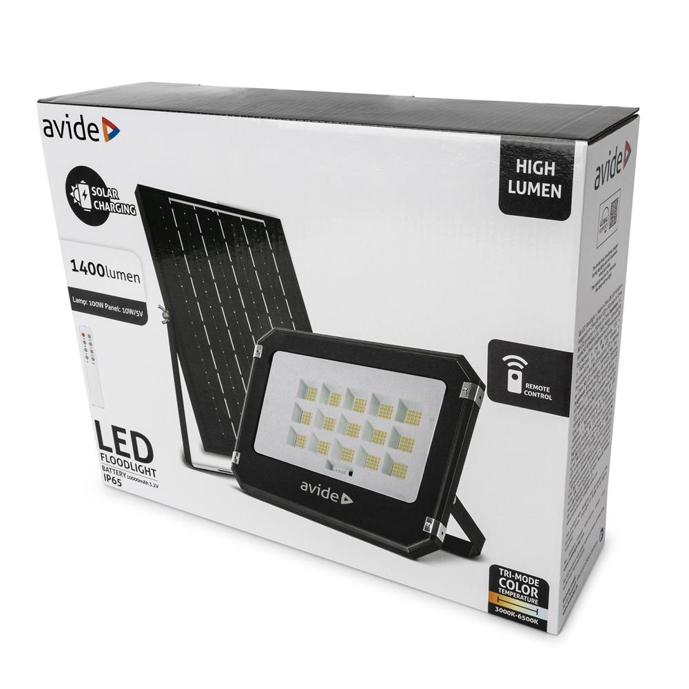 Avide LED Ηλιακός Προβολέας 100W CCT με Ξεχωριστό Ηλιακό Πάνελ και Τηλεχειριστήριο