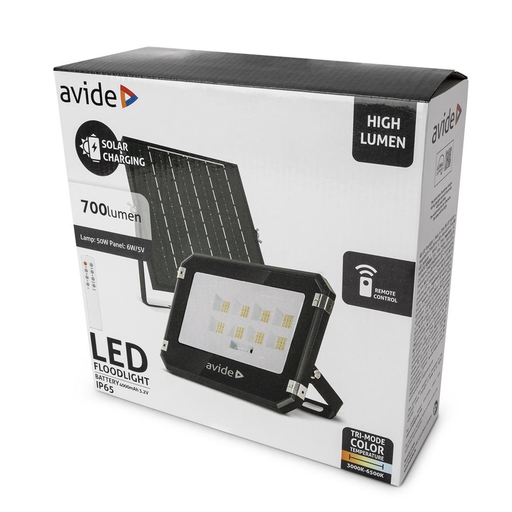 Avide Ηλιακός Προβολέας LED 50W CCT με Ξεχωριστό Ηλιακό Πάνελ και Τηλεχειριστήριο
