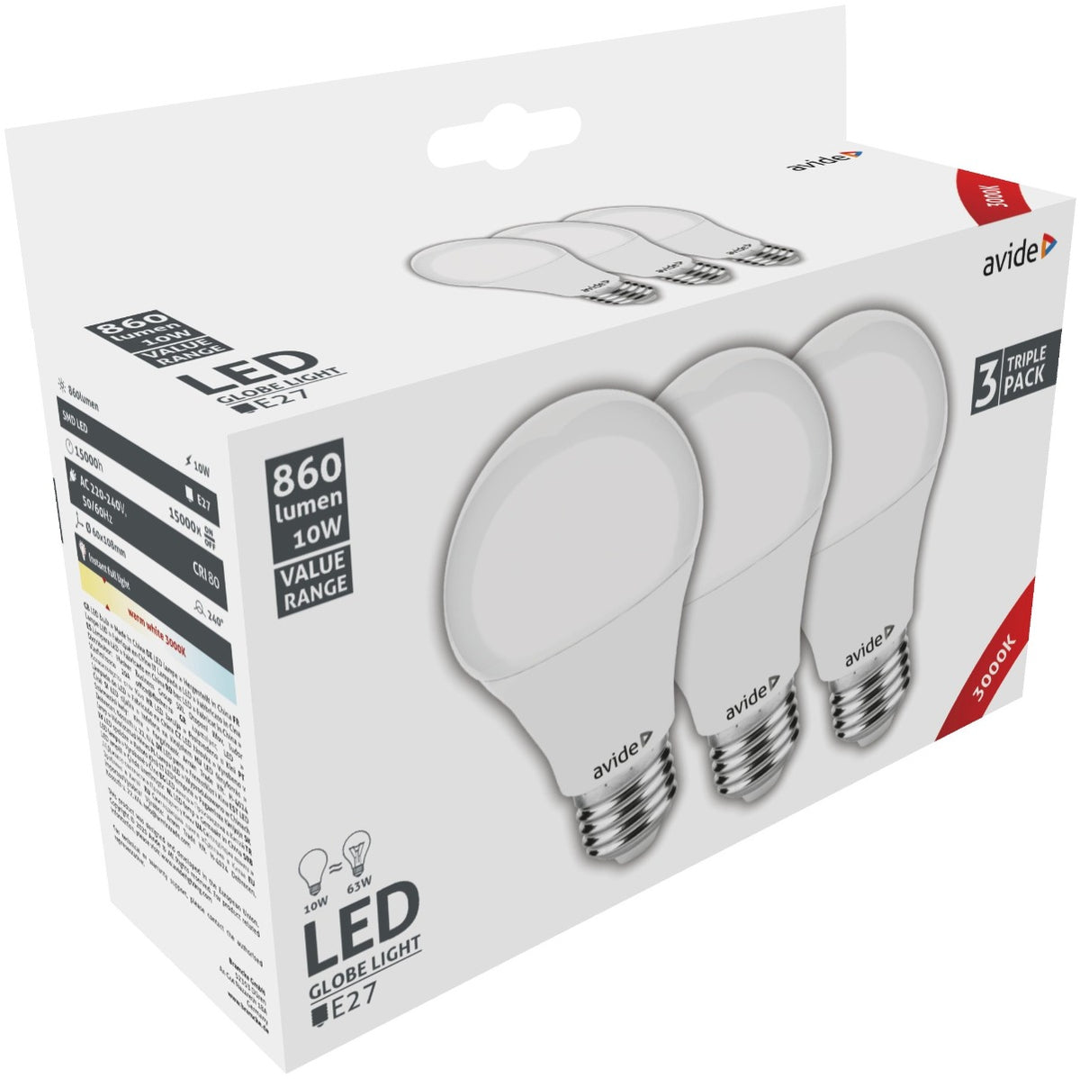 Avide Λάμπα LED Κοινή 10W E27 Θερμό 3000K Value 3τμχ