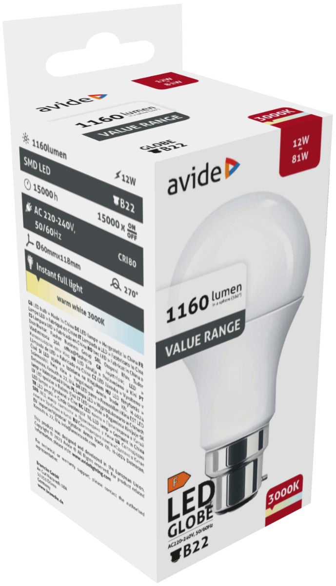 Avide Value LED Bulb Spherical B22 12W WW 3000K