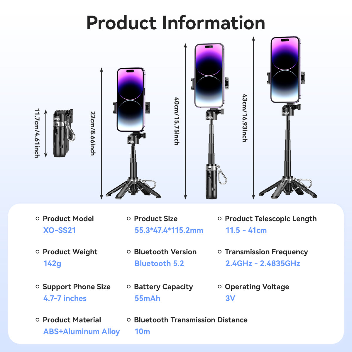 XO SS21 Πολυλειτουργικό Mini Bluetooth Selfie Stick 4 σε 1