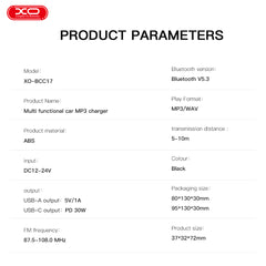 XO BCC17 Smart Bluetooth MP3 A+C Dual Port PD30W Φορτιστής Αυτοκινήτου με καλώδιο Lightning