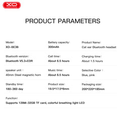 XO BE38 Ακουστικά Κεφαλής Αυτιά Γάτας Bluetooth (Ροζ)