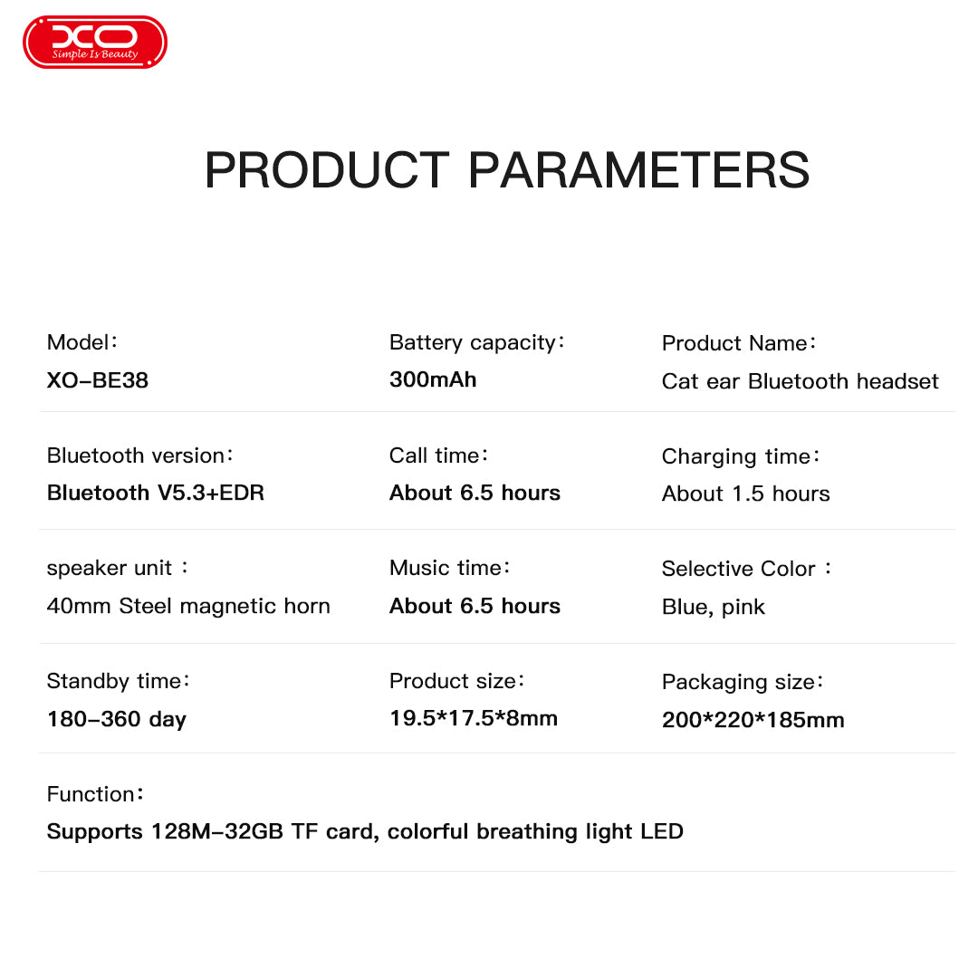 XO BE38 Ακουστικά Κεφαλής Αυτιά Γάτας Bluetooth (Μπλε)