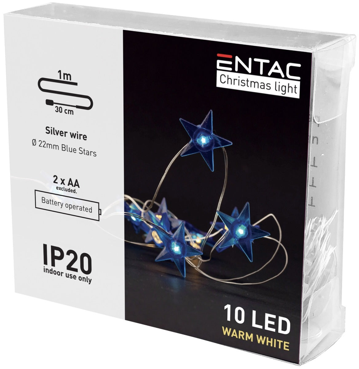 Entac Christmas Lights Indoor Blue Stars 10 LED Warm 1m (2xAA Not Included)