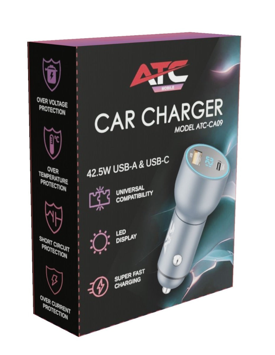 ATC-CA09 Φορτιστής Αυτοκινήτου με 2 Θύρες USB-A & Type-C και LED Οθόνη 42.5W