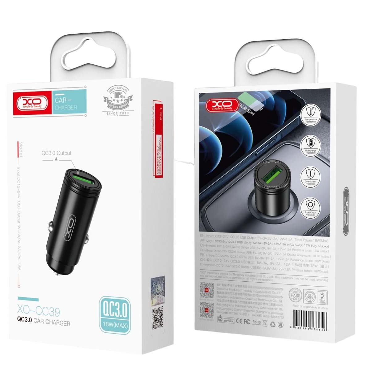 XO CC39 Φορτιστής Αυτοκινήτου QC3.0 18W Μαύρος