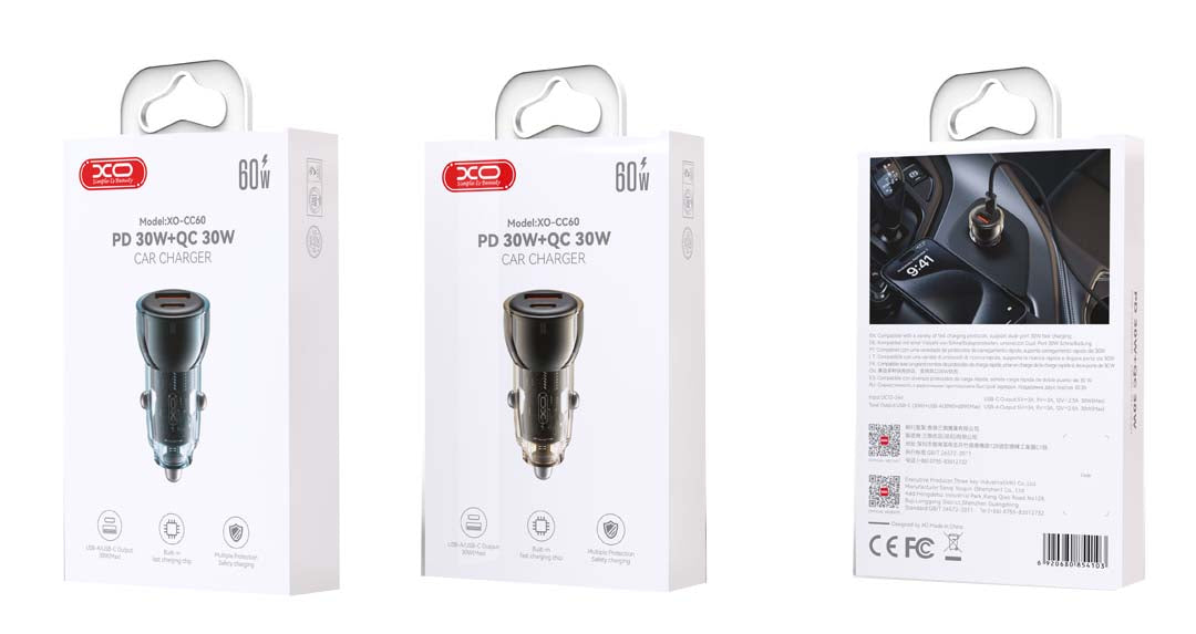 XO CC60 Smart Car Charger A30W+C30W/Simultaneous 60W Blue with Transparency