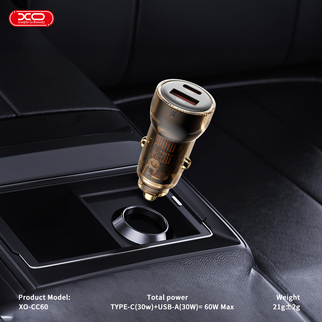 XO CC60 Smart Car Charger A30W+C30W/Simultaneous 60W Black with Transparency