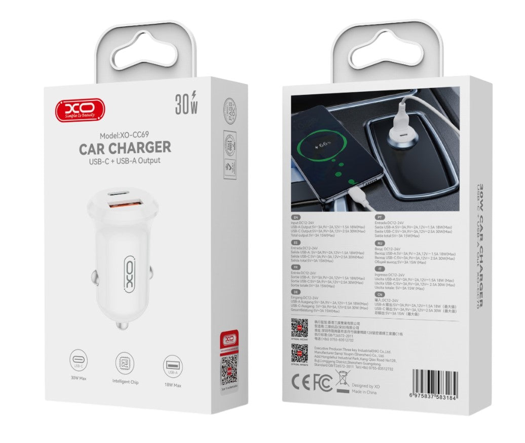 XO CC69 Μικρός Smart Φορτιστής Αυτοκινήτου USB-A & Type-C 30W Λευκός