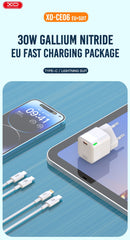 XO CE06 PD 30W GaN Fast Charging Charger with Light Indicator and Lightning Cable