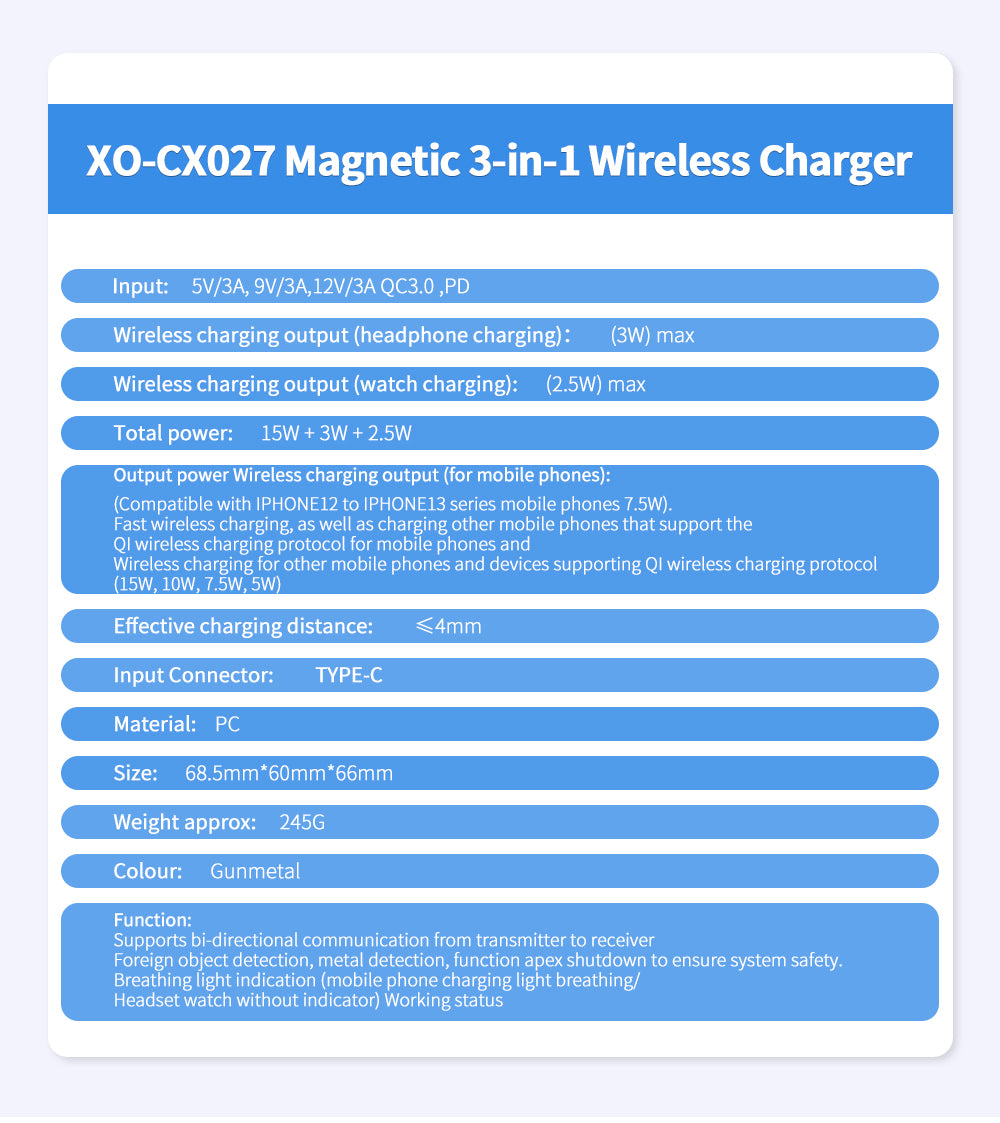 XO CX027 Ασύρματος Φορτιστής 3 σε 1 για Κινητό /Apple Watch/ TWS 15W