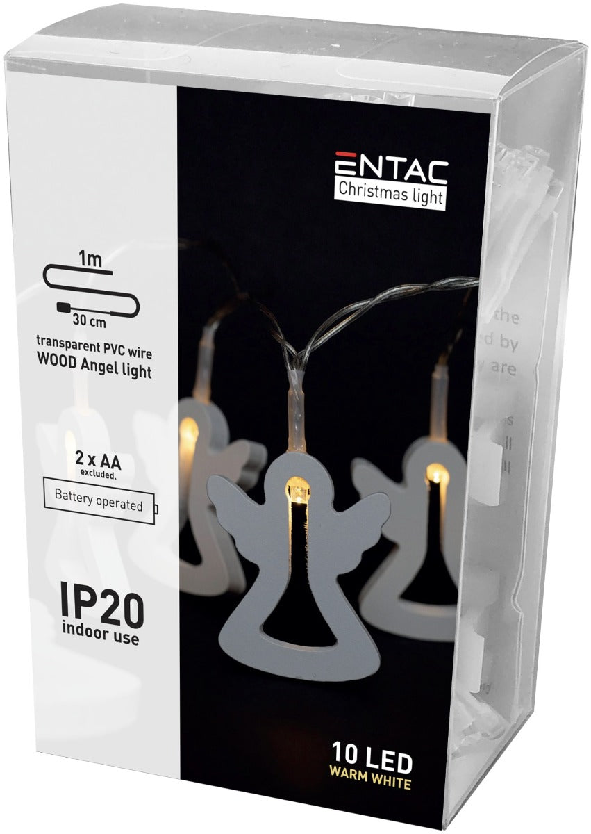 Entac Christmas Lights Indoor Wooden Angels 10 LED Warm 1m (2xAA Not Included)