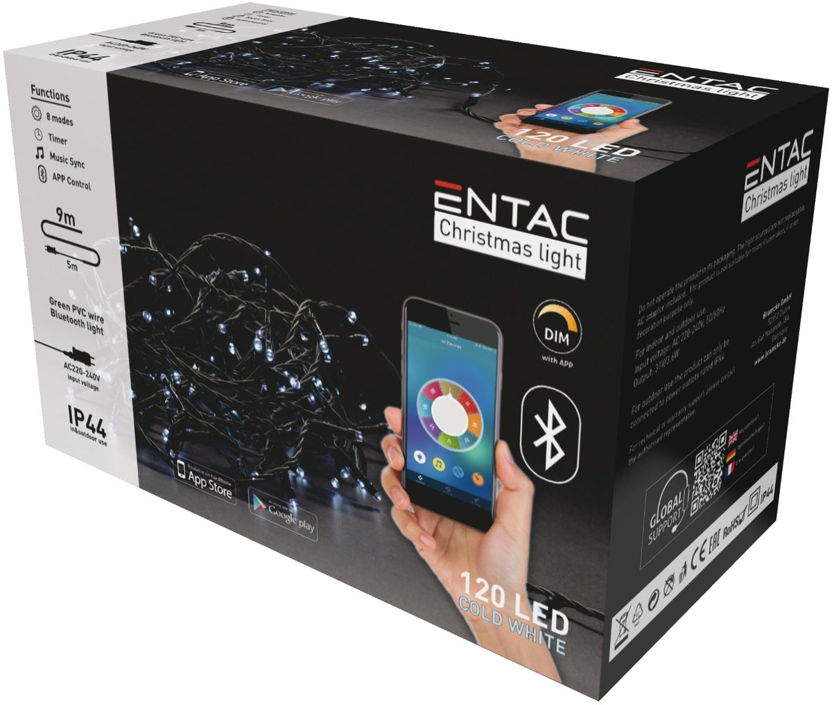 Entac Christmas Lights IP44 120 LED Cold 9m Bluetooth