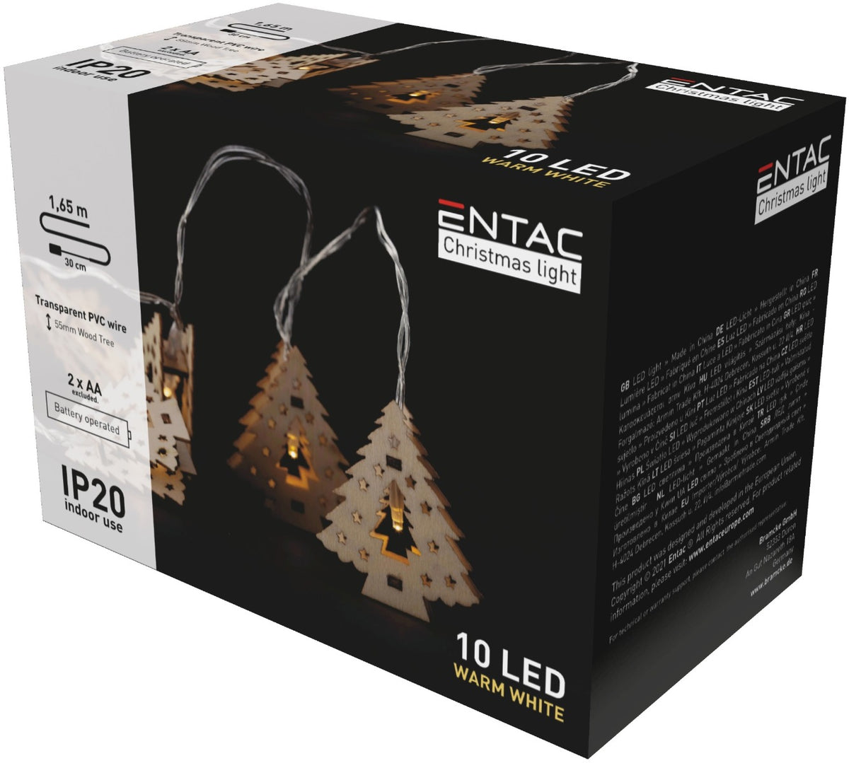Entac Christmas Lights Indoor Wooden Trees 10 LED Warm 1.65m (2xAA Not Included)