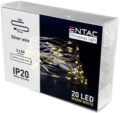 Entac Christmas Lights Indoor with Silver Cable 20 LED Warm 1m (2xAA Not Included)