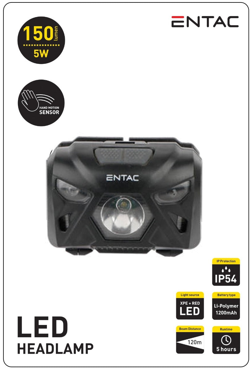 Entac Φακός Κεφαλής 5W Με Αισθητήρα Κίνησης XPE & Κόκκινο Φως Μαύρος