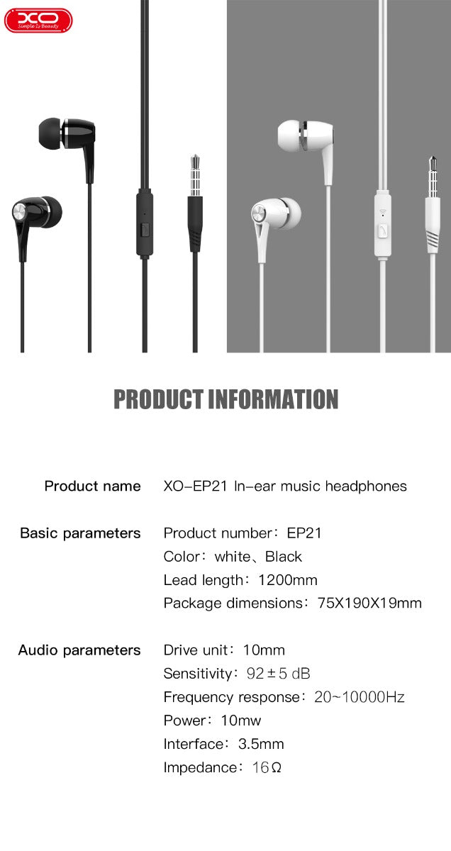 XO EP21 Ακουστικά Handsfree Μαύρα