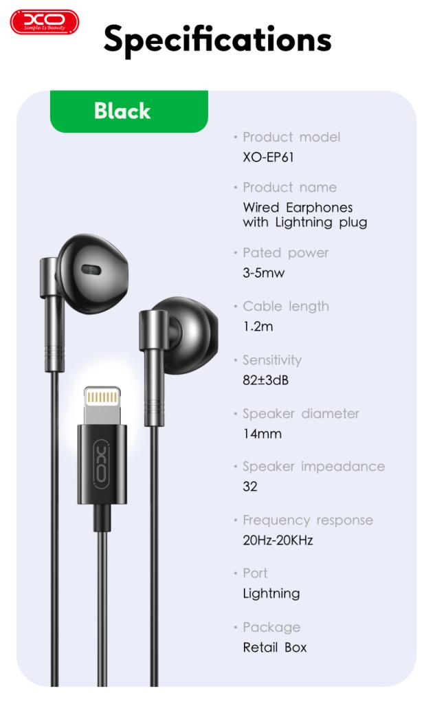 XO EP61 Ακουστικά Handsfree Lighting Μαύρα