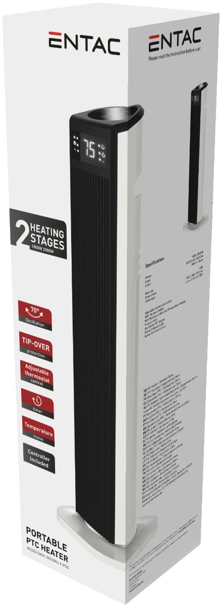 Entac PTC Αερόθερμο Πύργος Λευκός με Οθόνη LED 2000W 74cm