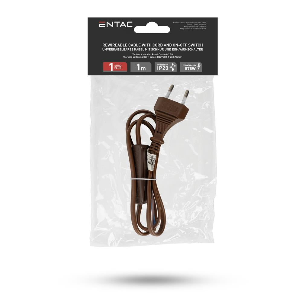 Entac Rewireable Καλώδιο 2G0.75 με Διακόπτη ON/OFF Καφέ 1m