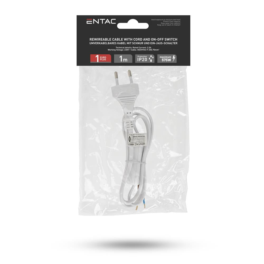 Entac Rewireable Καλώδιο 2G0.75 με Διακόπτη ON/OFF Λευκό 1m