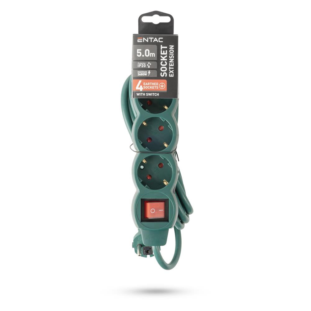 Entac Πολύπριζο 4 Θέσεων με Διακόπτη S1 3G1.5 Πράσινο 5m