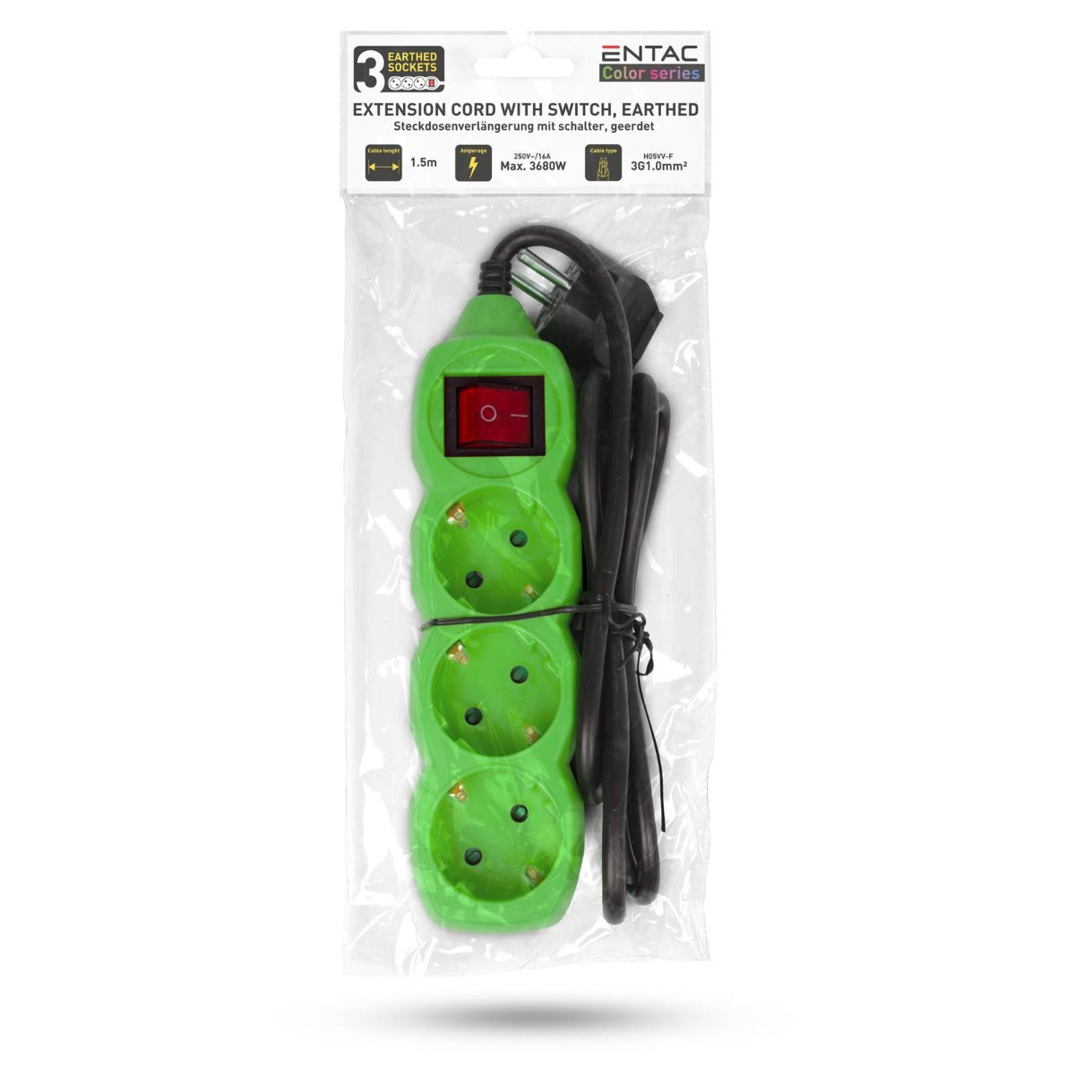 Entac Πολύπριζο 3 Θέσεων με Διακόπτη 3x1.0mm 1.5m Πράσινο