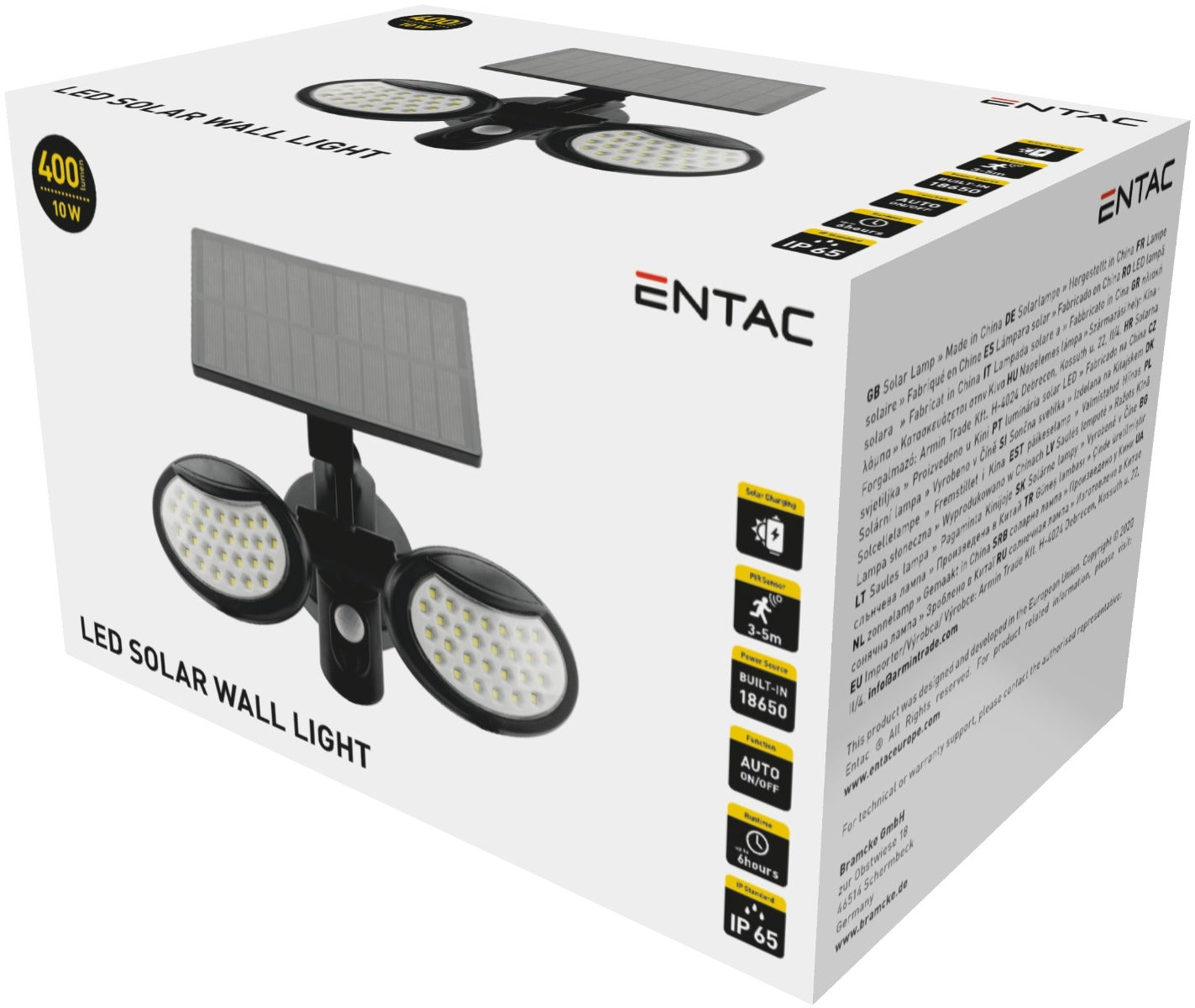 Entac Ηλιακό Φωτιστικό Τοίχου 10W SMD 2 Κεφαλές με Ανιχνευτή Κίνησης