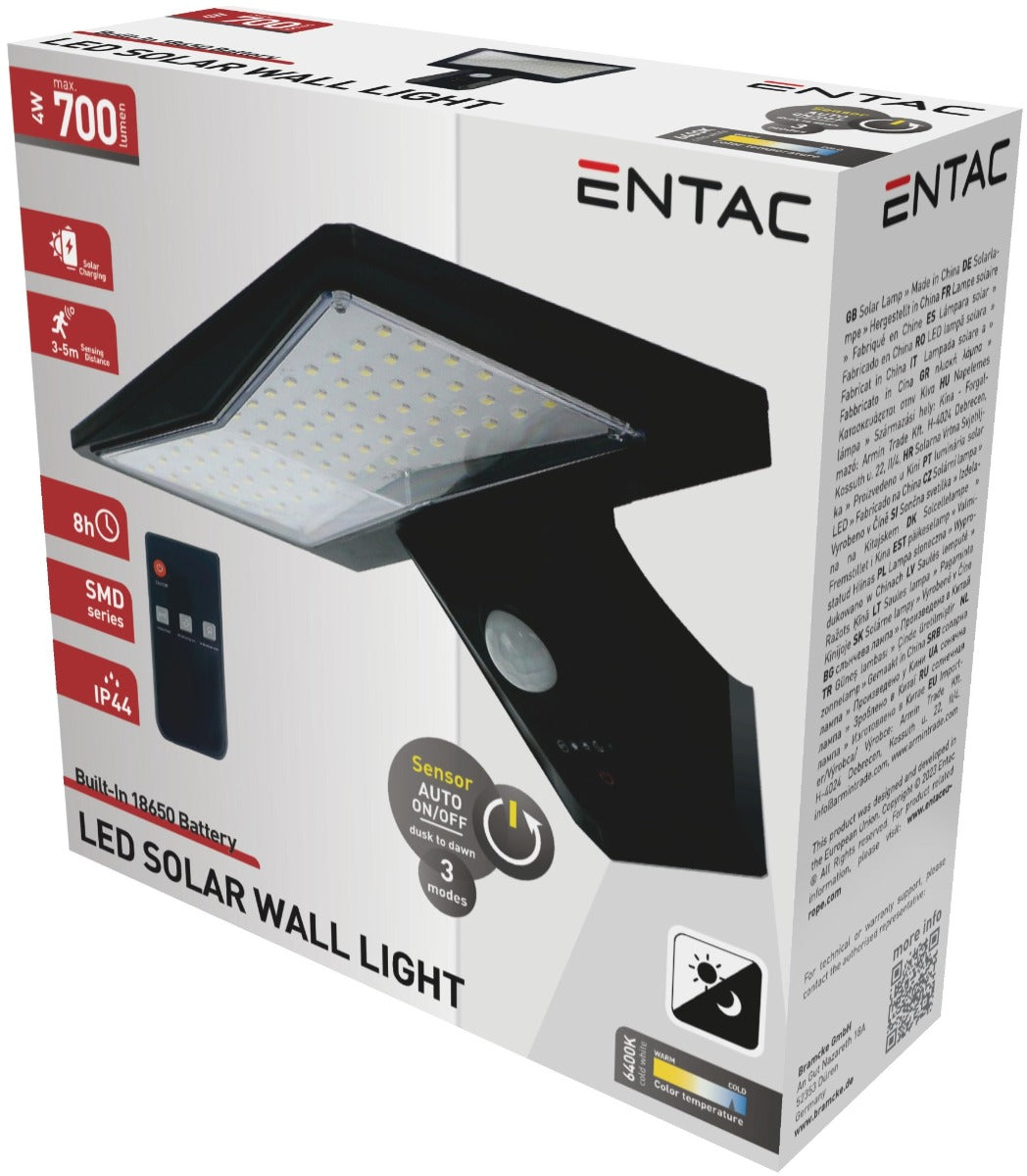 Entac Ηλιακό Φωτιστικό Τοίχου Πλαστικό 4W SMD με PIR
