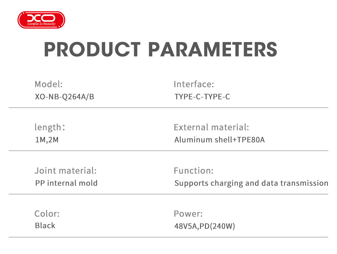 XO NB-Q264B Καλώδιο Μεταφοράς Δεδομένων Type-C to Type-C 240W High Power 2m