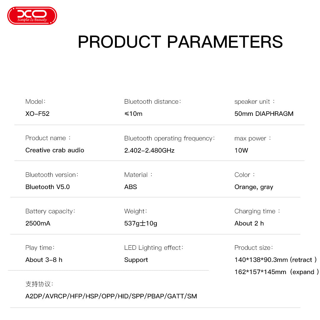 XO F52 Bluetooth Ηχείο σε σχήμα Καβουριού Πορτοκαλί