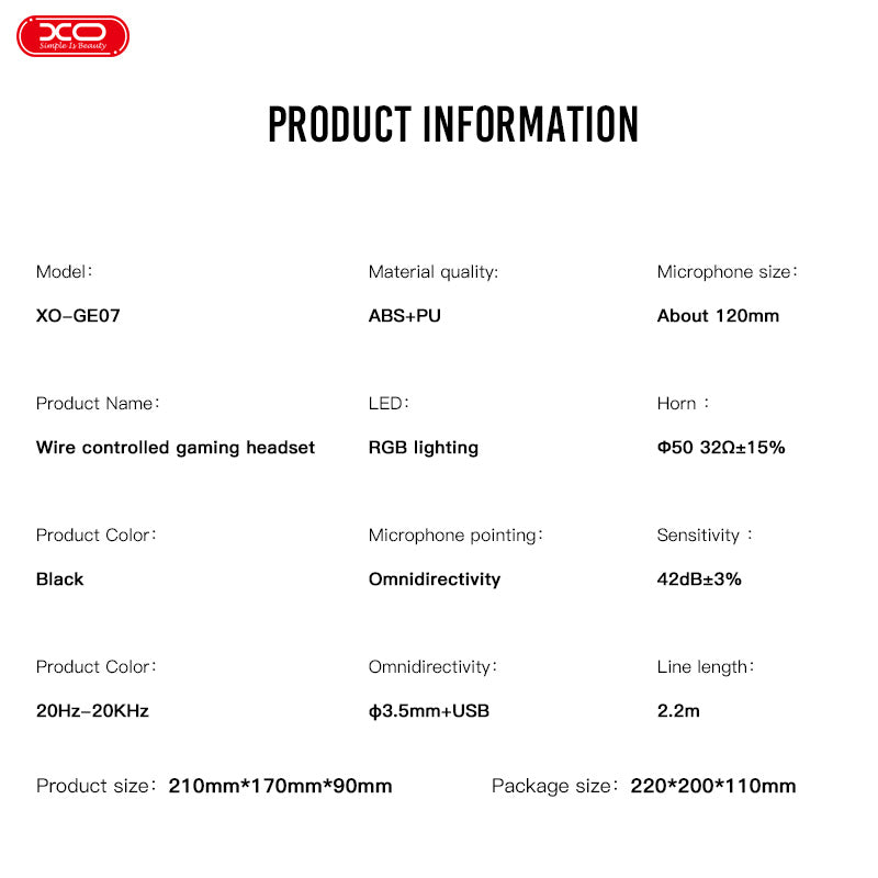 XO Ακουστικά Gaming GE-07 Στατικό RGB με μικρόφωνο USB+Dual 3,5mm