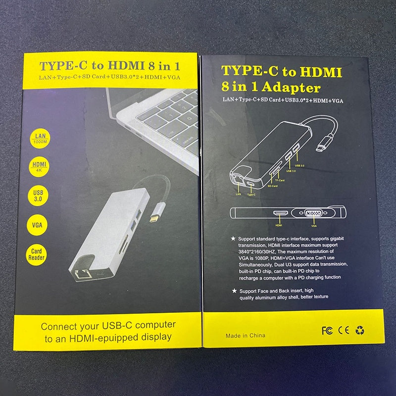 8 in 1 USB C hub RJ45 HDMI USBx2 VGA SD TF USB3.0x2 docking station
