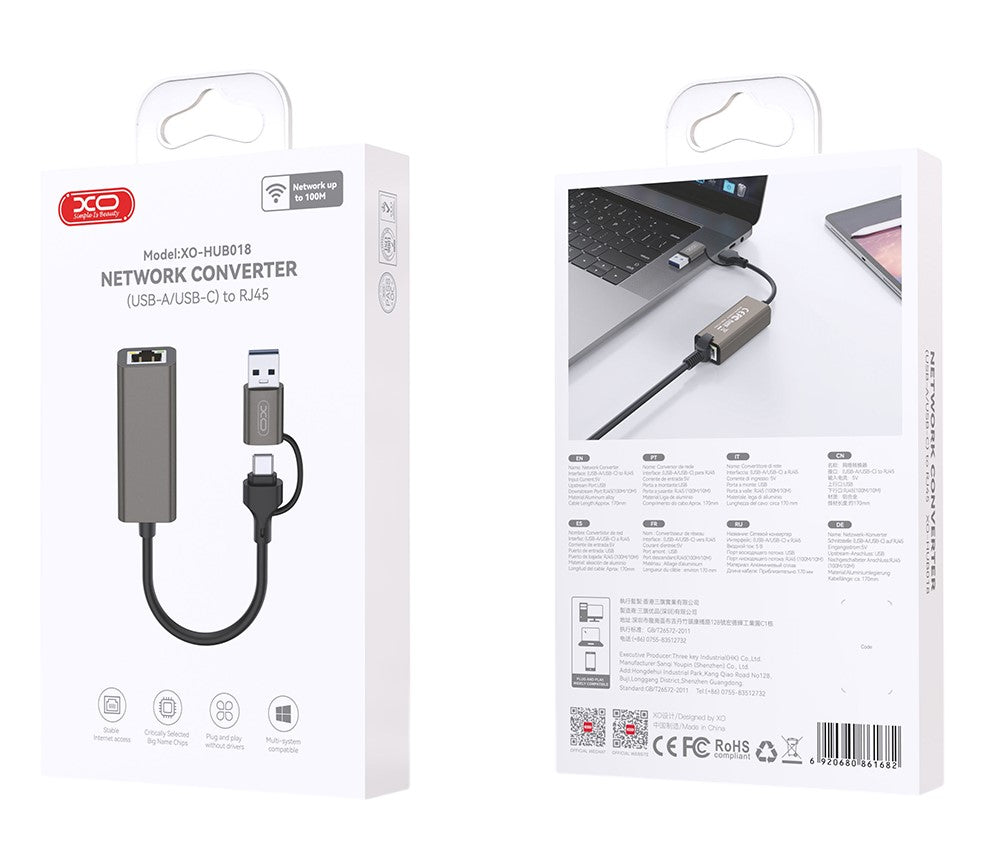 XO HUB018 Αντάπτορας Δικτύου USB σε Type-C 2-σε-1 RJ45 100Mbs