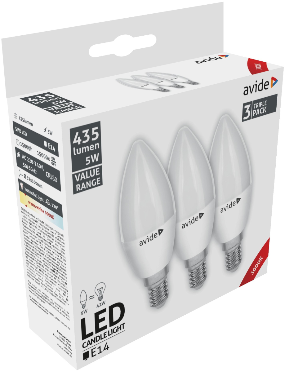 Avide Value LED Candle Lamp E14 5W WW 3000K 3pcs