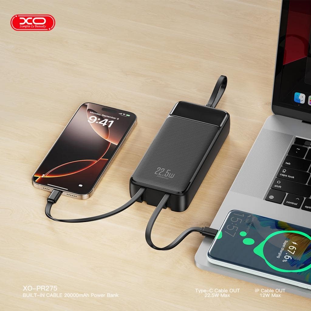 XO PR275 Powerbank 22.5W+20W με 3 Ενσωματωμένα Καλώδια 2x USB-C, 1x Lightning & Ψηφιακή Οθόνη 20.000 mAh