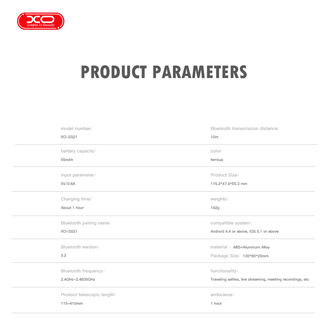 XO SS21 Πολυλειτουργικό Mini Bluetooth Selfie Stick 4 σε 1