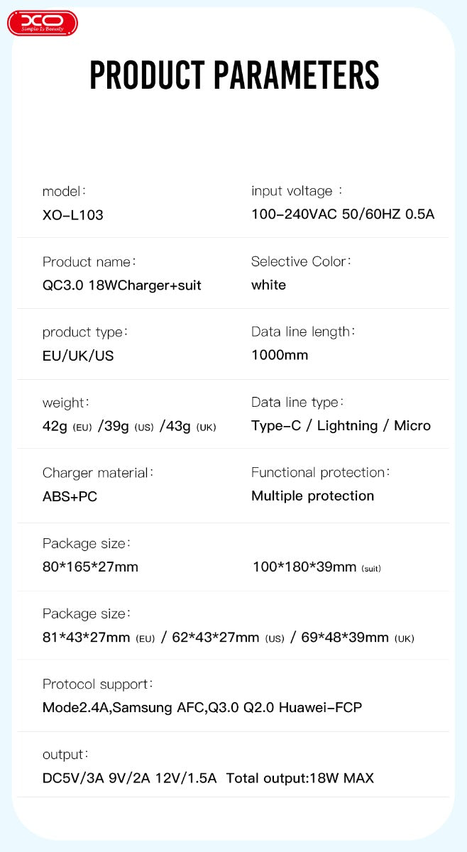 XO L103 (UK) QC3.0 18W Φορτιστής