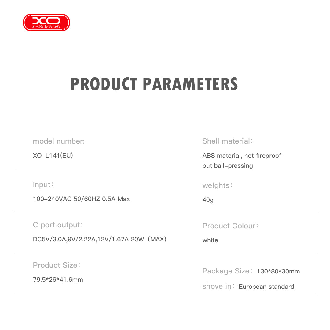 XO L141 Φορτιστής Ταχείας Φόρτισης USB-C 20W με Καλώδιο Type-C