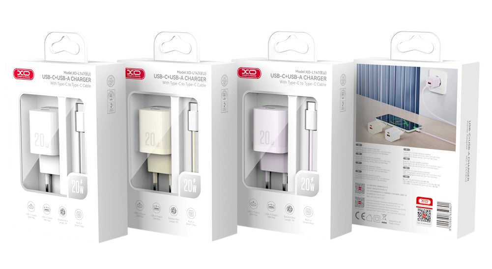 XO L147 (EU) PD 1USB-A+1USB-C Φορτιστής με καλώδιο TYPE-C Λευκό